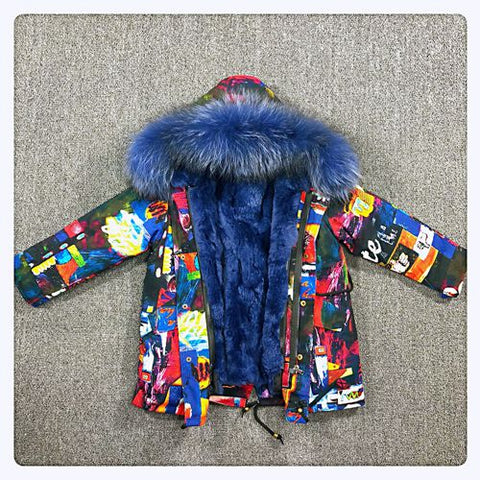 Girls Boys Real Fur Parka Graffiti Winter Warm Jacket Children Clothes Natural Raccoon Fur Hood Coat Real Rabbit Fur liner TZ373