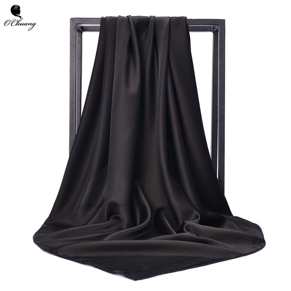 O CHUANG Black Women Square Silk Scarf Wraps Autumn Winter Sjaal Luxury Large Satin Scarves Muslim Head Scarf 90*90cm