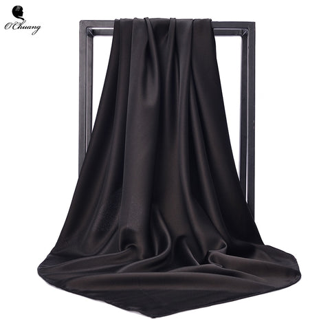 O CHUANG Black Women Square Silk Scarf Wraps Autumn Winter Sjaal Luxury Large Satin Scarves Muslim Head Scarf 90*90cm - THE PLACE TO BE !!