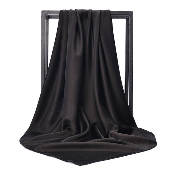 O CHUANG Black Women Square Silk Scarf Wraps Autumn Winter Sjaal Luxury Large Satin Scarves Muslim Head Scarf 90*90cm