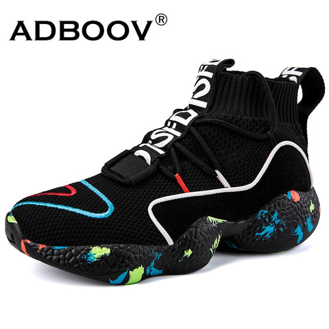 ADBOOV  High Top Sneakers Women Knit Upper Breathable Sock Shoes Woman Thick Sole 5 CM Fashion sapato feminino Black / White - THE PLACE TO BE !!
