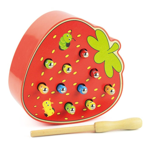 Baby Wooden Toys 3D Puzzle Early Childhood Educational Toys Catch Worm Game Color Cognitive Magnetic Strawberry Apple