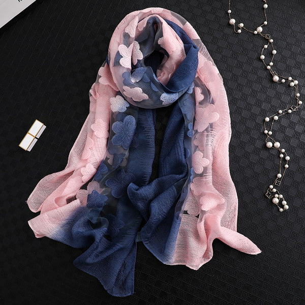 LaMaxPa 2019 New Fashion Women Cut Flowers Hollow Lace Gradient Silk Scarf Spring Shawls and Wraps Towel Femme Beach Sjaals