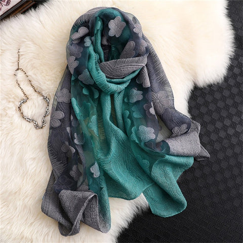 LaMaxPa 2019 New Fashion Women Cut Flowers Hollow Lace Gradient Silk Scarf Spring Shawls and Wraps Towel Femme Beach Sjaals