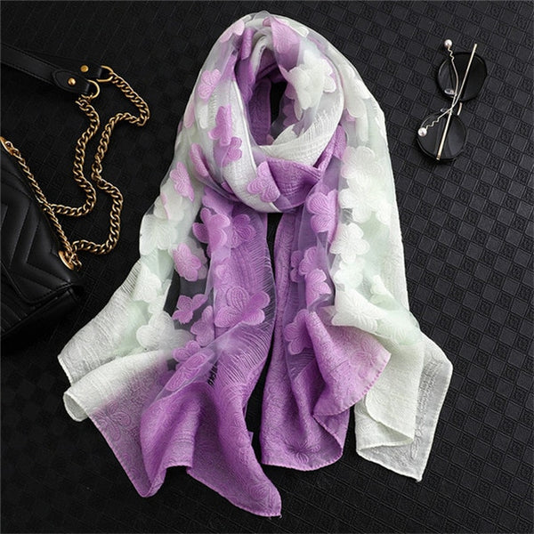 LaMaxPa 2019 New Fashion Women Cut Flowers Hollow Lace Gradient Silk Scarf Spring Shawls and Wraps Towel Femme Beach Sjaals