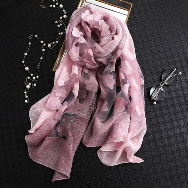LaMaxPa 2019 New Fashion Women Cut Flowers Hollow Lace Gradient Silk Scarf Spring Shawls and Wraps Towel Femme Beach Sjaals