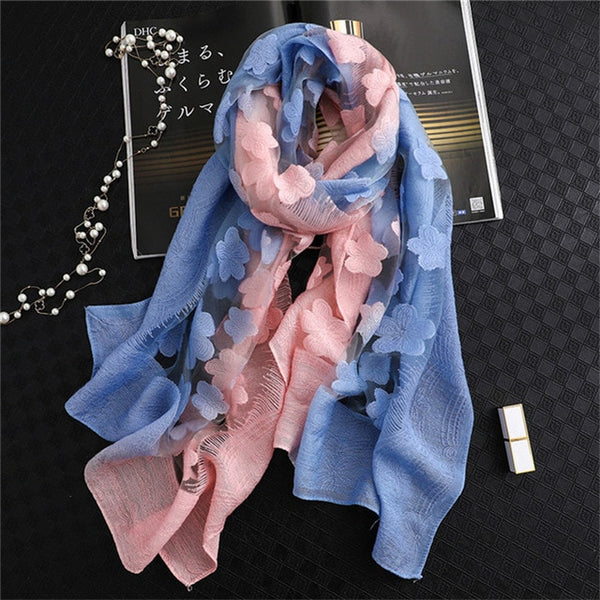 LaMaxPa 2019 New Fashion Women Cut Flowers Hollow Lace Gradient Silk Scarf Spring Shawls and Wraps Towel Femme Beach Sjaals
