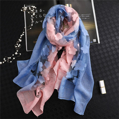 LaMaxPa 2019 New Fashion Women Cut Flowers Hollow Lace Gradient Silk Scarf Spring Shawls and Wraps Towel Femme Beach Sjaals