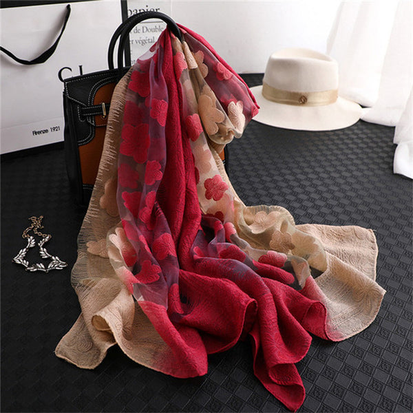 LaMaxPa 2019 New Fashion Women Cut Flowers Hollow Lace Gradient Silk Scarf Spring Shawls and Wraps Towel Femme Beach Sjaals