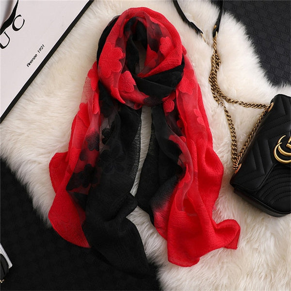 LaMaxPa 2019 New Fashion Women Cut Flowers Hollow Lace Gradient Silk Scarf Spring Shawls and Wraps Towel Femme Beach Sjaals