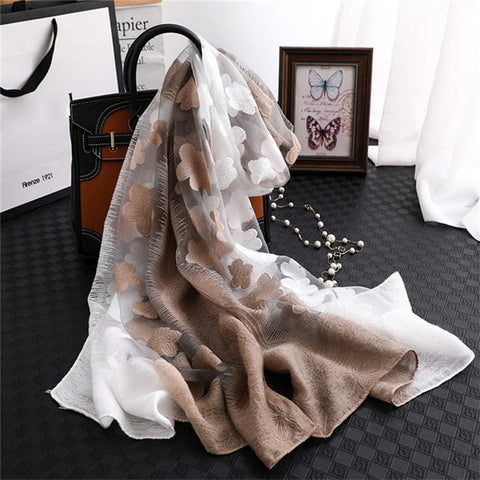 LaMaxPa 2019 New Fashion Women Cut Flowers Hollow Lace Gradient Silk Scarf Spring Shawls and Wraps Towel Femme Beach Sjaals