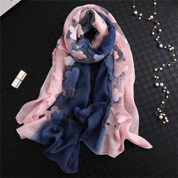 LaMaxPa 2019 New Fashion Women Cut Flowers Hollow Lace Gradient Silk Scarf Spring Shawls and Wraps Towel Femme Beach Sjaals