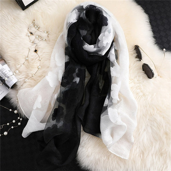 LaMaxPa 2019 New Fashion Women Cut Flowers Hollow Lace Gradient Silk Scarf Spring Shawls and Wraps Towel Femme Beach Sjaals