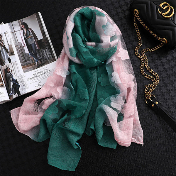 LaMaxPa 2019 New Fashion Women Cut Flowers Hollow Lace Gradient Silk Scarf Spring Shawls and Wraps Towel Femme Beach Sjaals