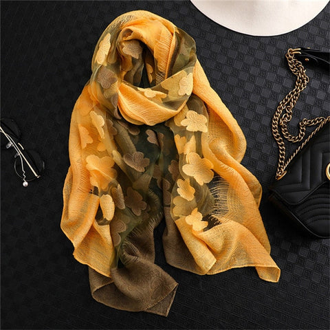 LaMaxPa 2019 New Fashion Women Cut Flowers Hollow Lace Gradient Silk Scarf Spring Shawls and Wraps Towel Femme Beach Sjaals