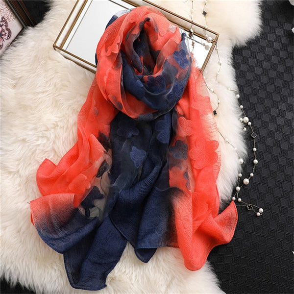 LaMaxPa 2019 New Fashion Women Cut Flowers Hollow Lace Gradient Silk Scarf Spring Shawls and Wraps Towel Femme Beach Sjaals