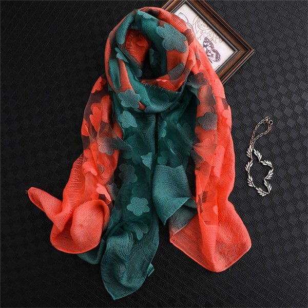 LaMaxPa 2019 New Fashion Women Cut Flowers Hollow Lace Gradient Silk Scarf Spring Shawls and Wraps Towel Femme Beach Sjaals