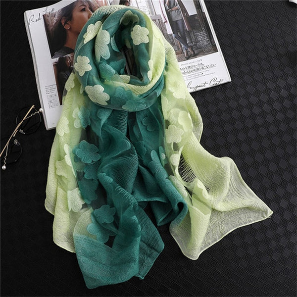 LaMaxPa 2019 New Fashion Women Cut Flowers Hollow Lace Gradient Silk Scarf Spring Shawls and Wraps Towel Femme Beach Sjaals