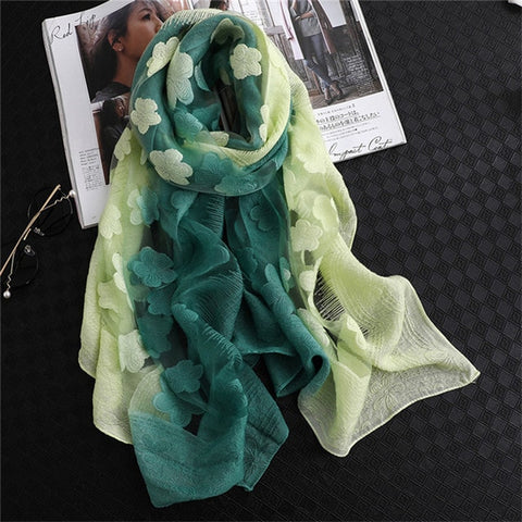LaMaxPa 2019 New Fashion Women Cut Flowers Hollow Lace Gradient Silk Scarf Spring Shawls and Wraps Towel Femme Beach Sjaals