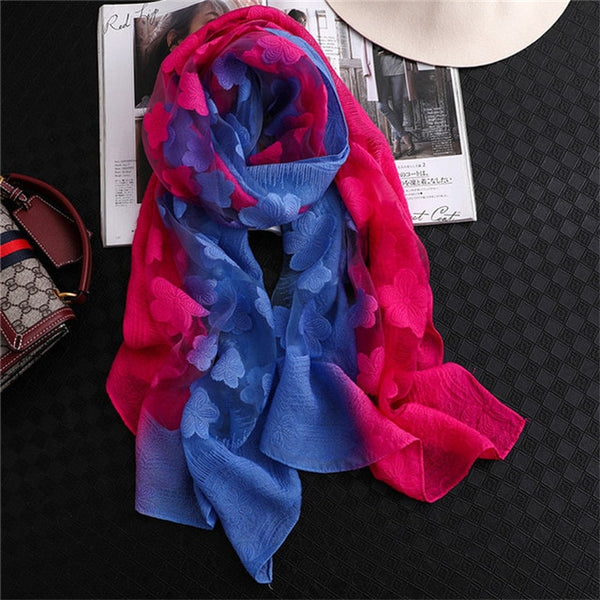 LaMaxPa 2019 New Fashion Women Cut Flowers Hollow Lace Gradient Silk Scarf Spring Shawls and Wraps Towel Femme Beach Sjaals