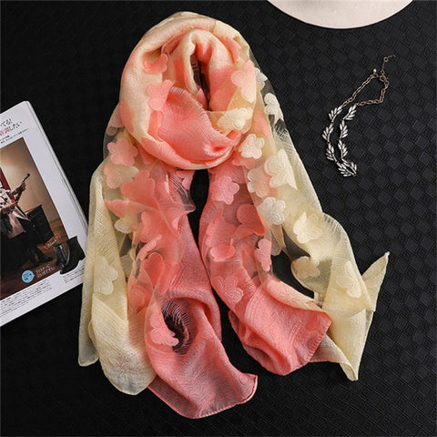 LaMaxPa 2019 New Fashion Women Cut Flowers Hollow Lace Gradient Silk Scarf Spring Shawls and Wraps Towel Femme Beach Sjaals