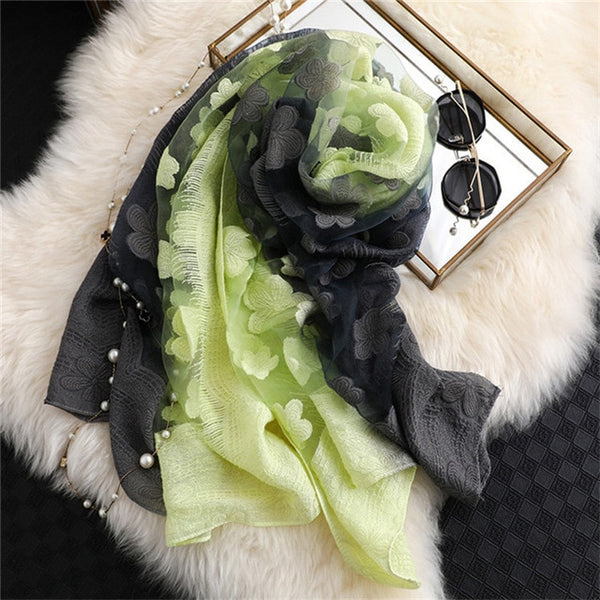 LaMaxPa 2019 New Fashion Women Cut Flowers Hollow Lace Gradient Silk Scarf Spring Shawls and Wraps Towel Femme Beach Sjaals