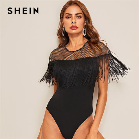 SHEIN Glitter Sheer Yoke Fringe Trim Bodysuit Glamorous Black Contrast Mesh Summer Bodysuit Women Sleeveless Sexy Bodysuits - THE PLACE TO BE !!